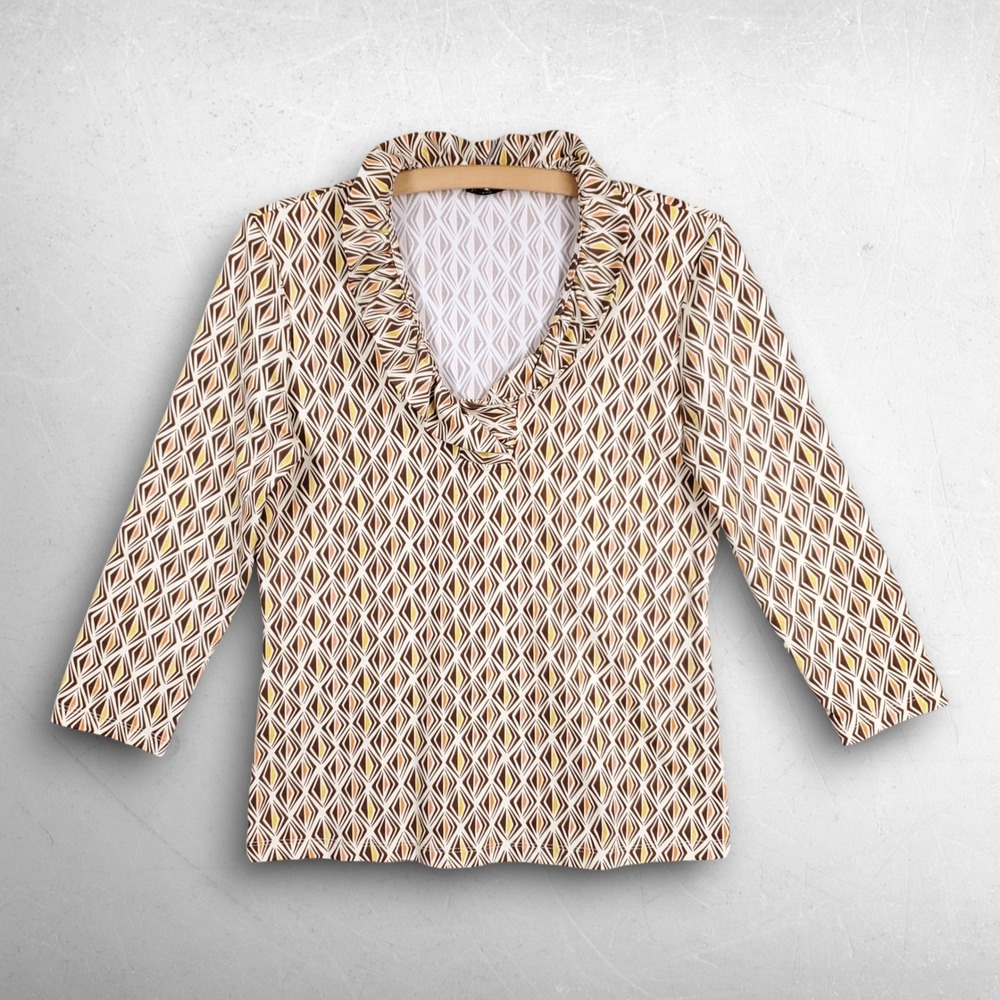 J.McLaughlin Durham Catalina Cloth Ruffle Neck Top Women S Brown Preppy Retro